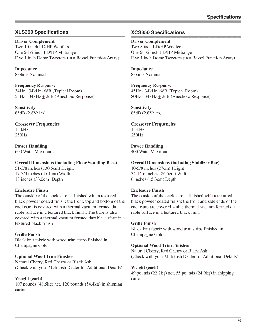 McIntosh XLS320, XLS340 owner manual Specifications XLS360 Specifications, XCS350 Specifications 