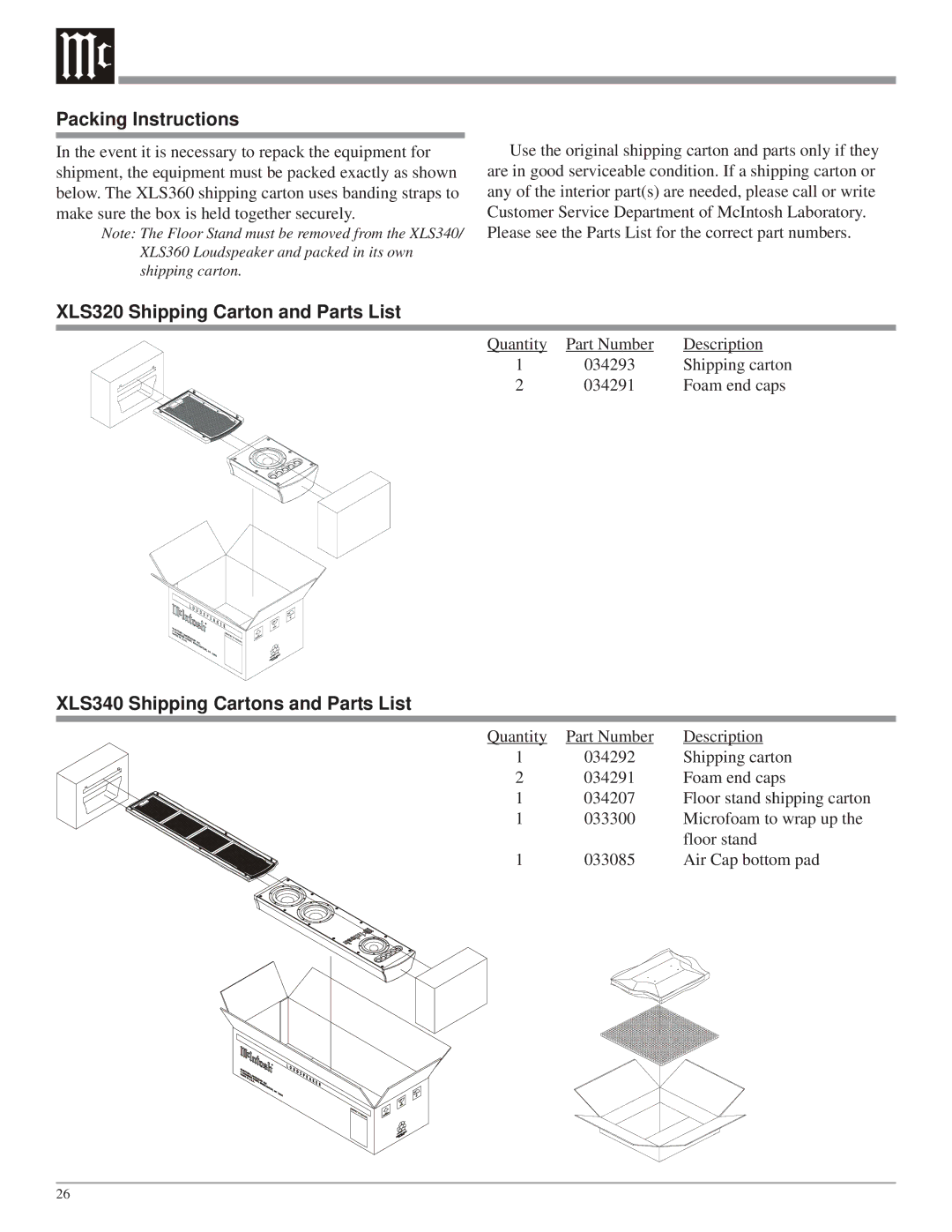 McIntosh XLS360 Packing Instructions, XLS320 Shipping Carton and Parts List, XLS340 Shipping Cartons and Parts List 