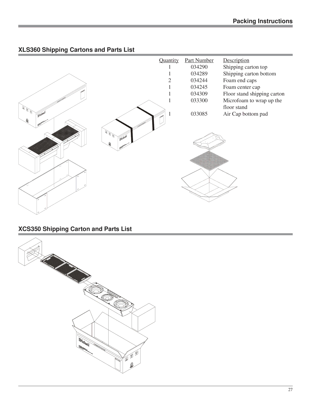 McIntosh XLS320 Packing Instructions XLS360 Shipping Cartons and Parts List, XCS350 Shipping Carton and Parts List 