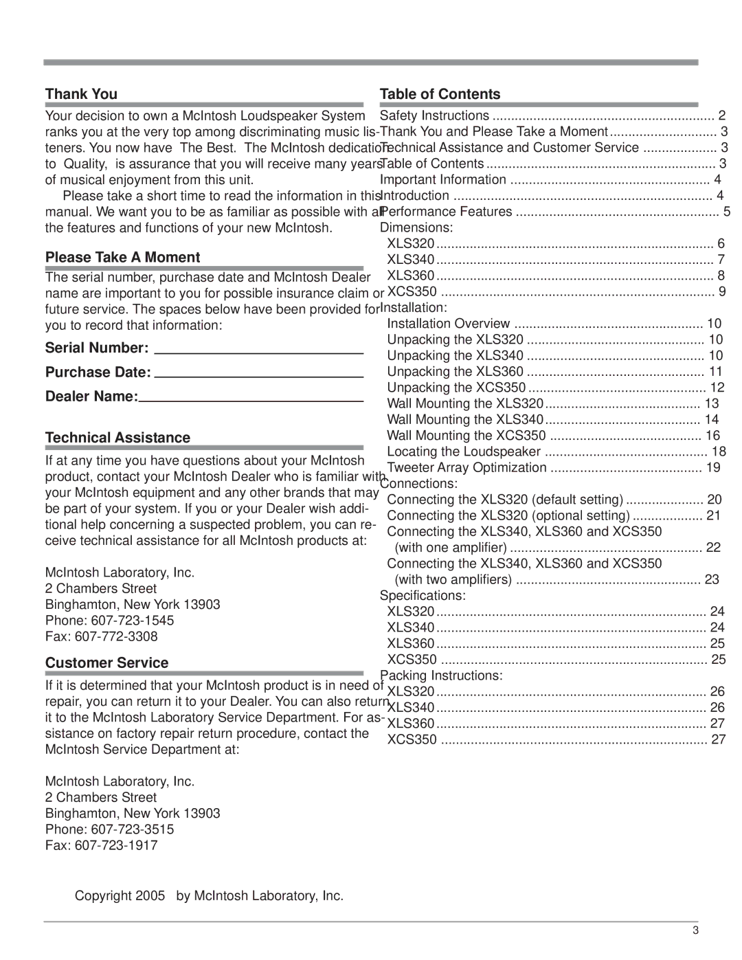 McIntosh XCS350, XLS320, XLS360, XLS340 owner manual Thank You, Please Take a Moment, Customer Service, Table of Contents 