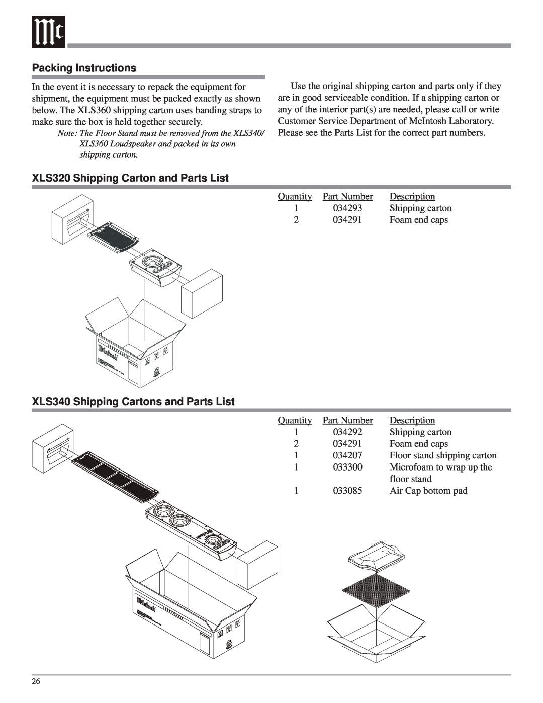 McIntosh XLS360 Packing Instructions, XLS320 Shipping Carton and Parts List, XLS340 Shipping Cartons and Parts List 
