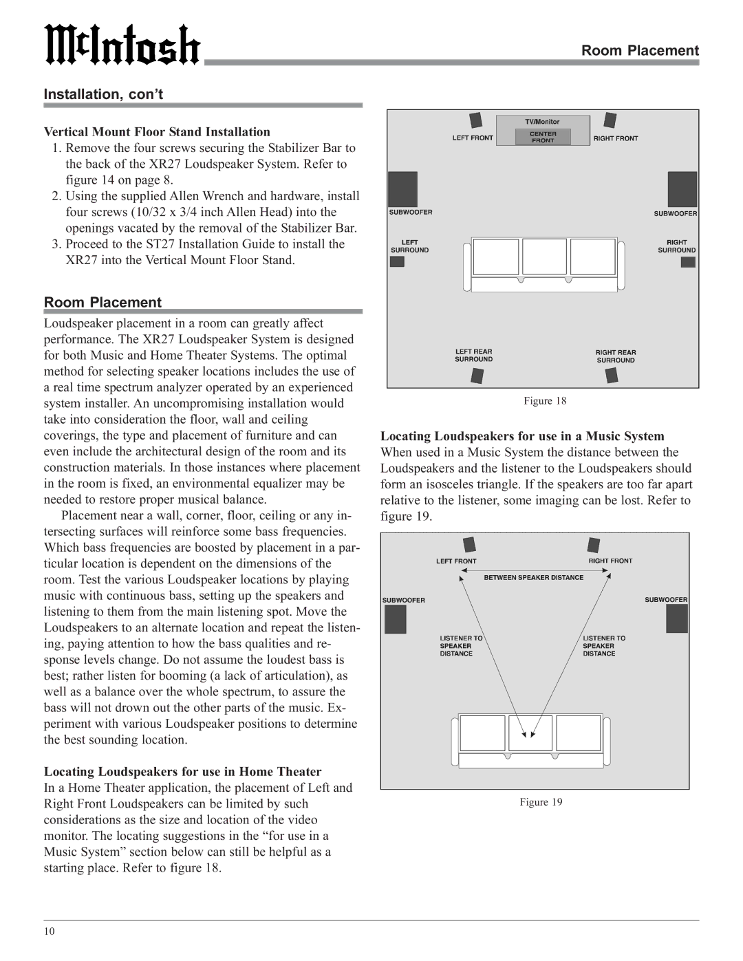 McIntosh XR27 owner manual Room Placement Installation, con’t 