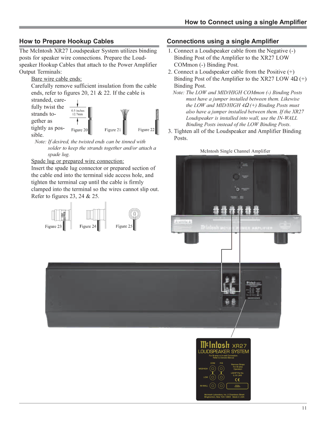 McIntosh XR27 owner manual Connections using a single Amplifier 