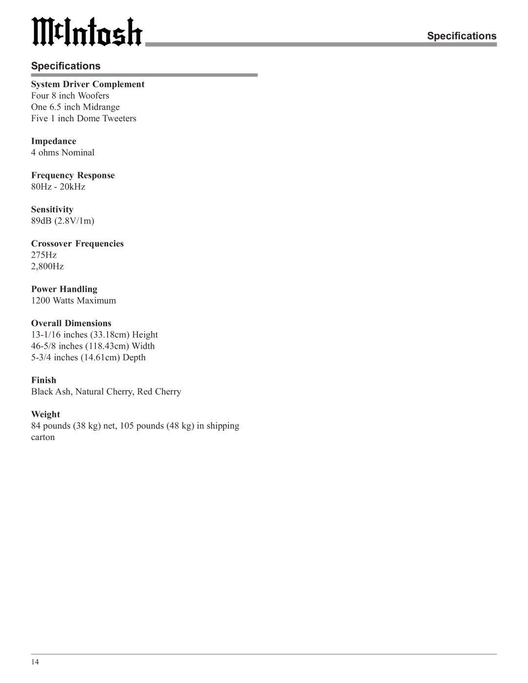 McIntosh XR27 owner manual Specifications 