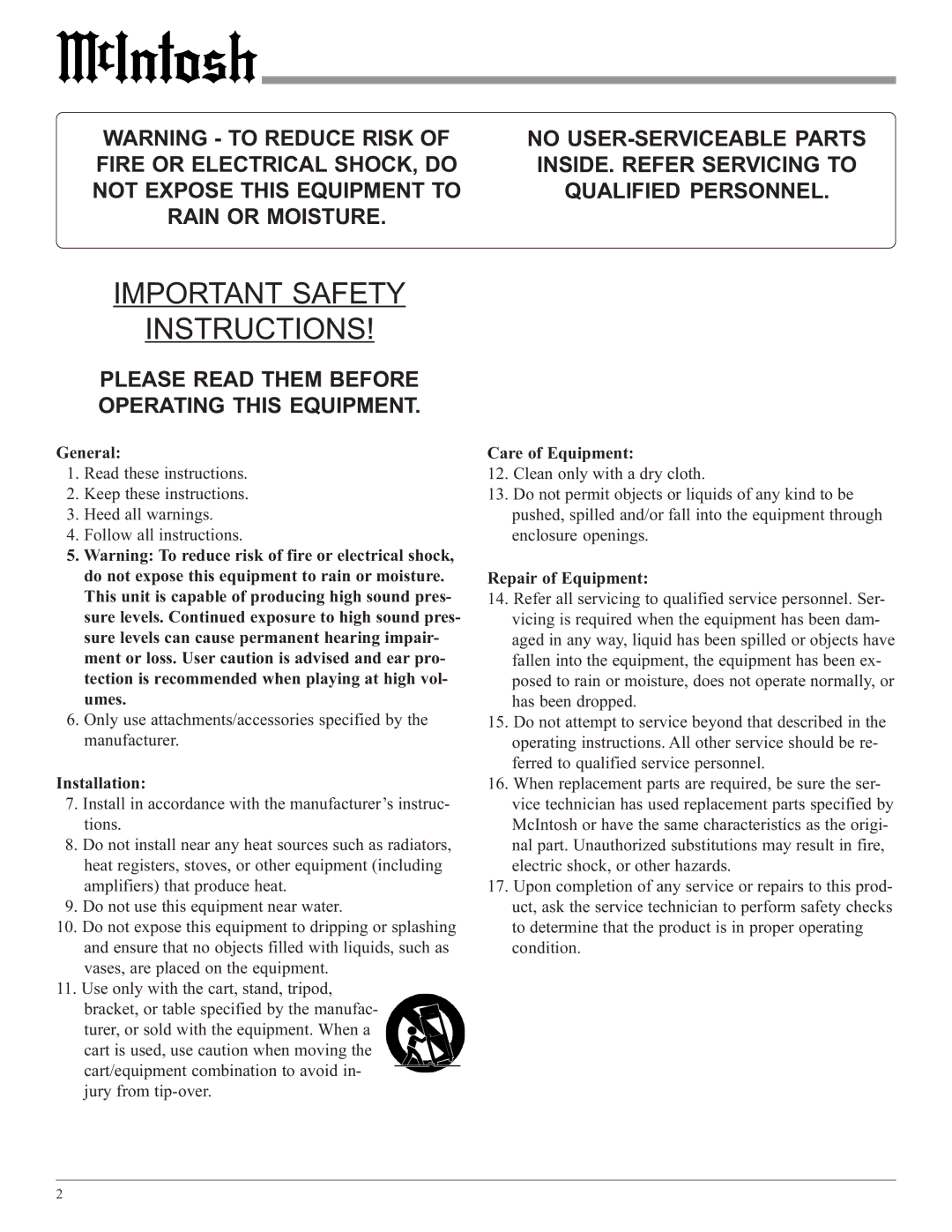 McIntosh XR27 owner manual Important Safety Instructions 