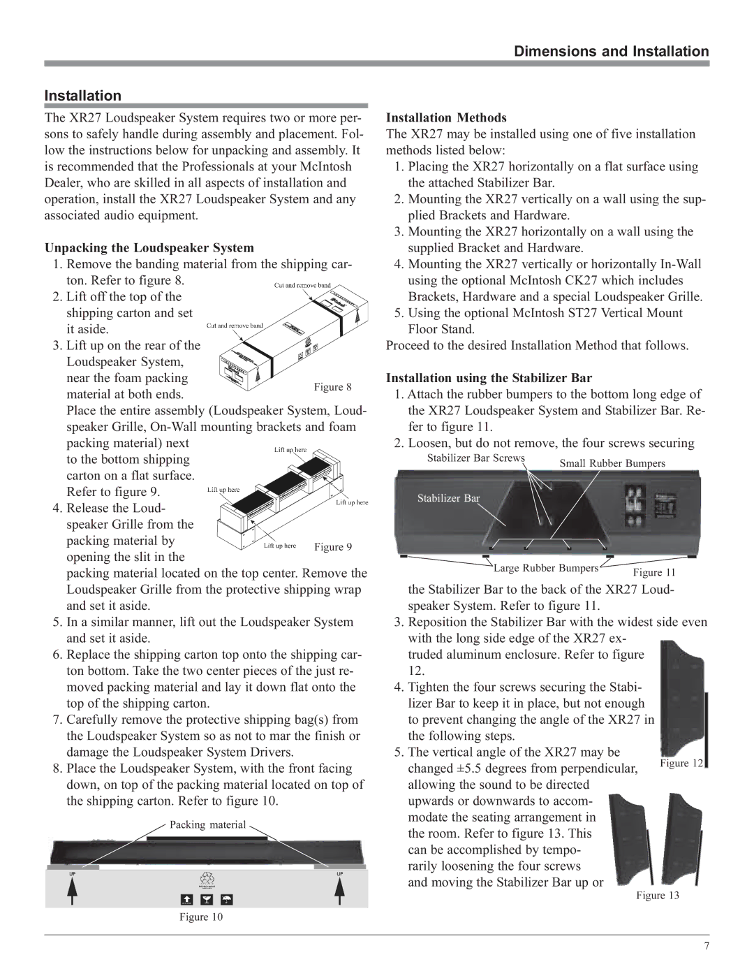 McIntosh XR27 owner manual Dimensions and Installation 