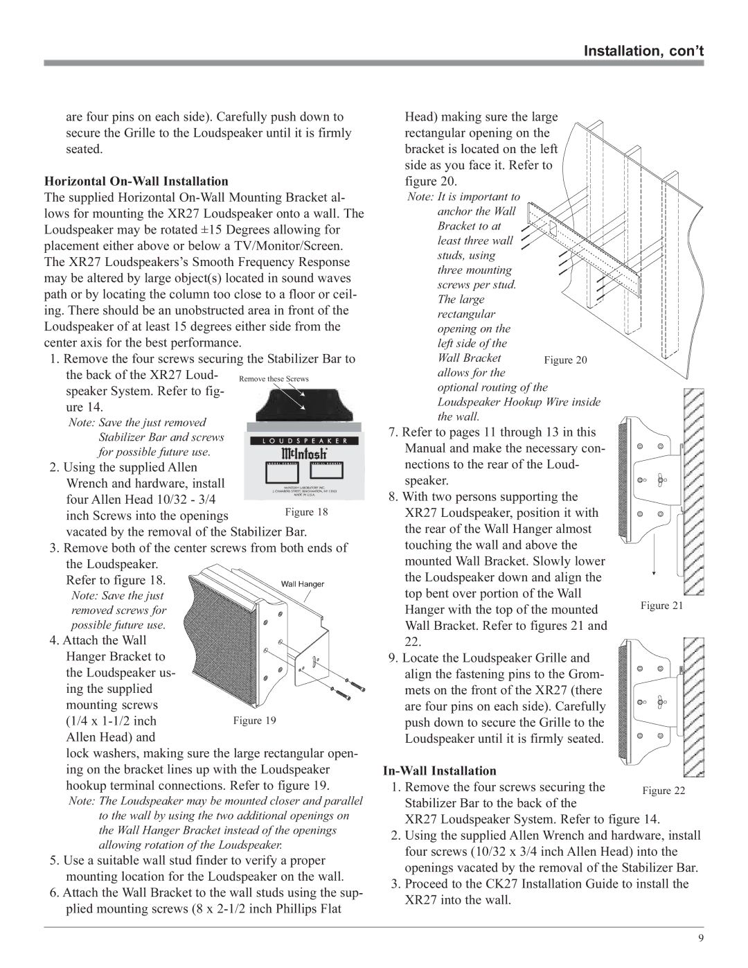 McIntosh XR27 owner manual Installation, con’t 