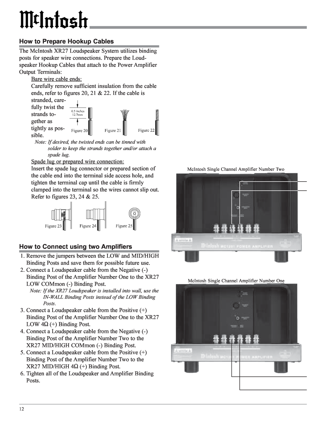 McIntosh XR27 owner manual How to Connect using two Amplifiers, How to Prepare Hookup Cables 