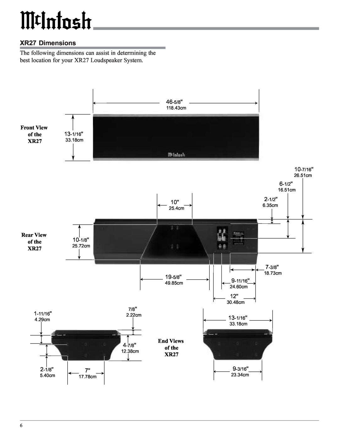 McIntosh owner manual XR27 Dimensions, Front View, Rear View of the10-1/8, End Views 
