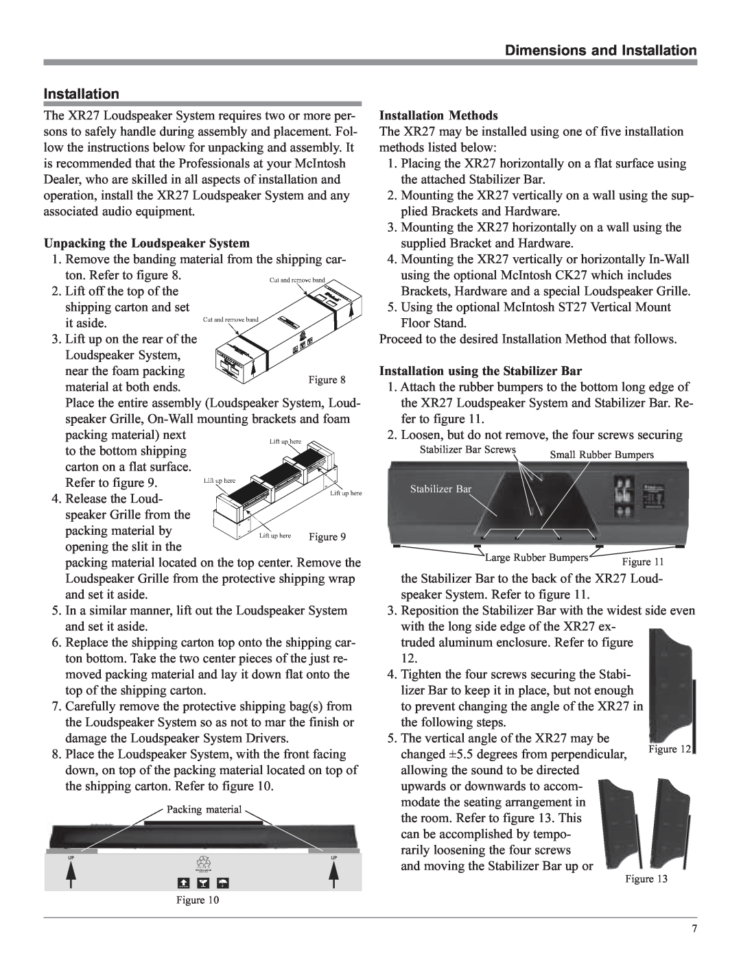 McIntosh XR27 owner manual Dimensions and Installation 
