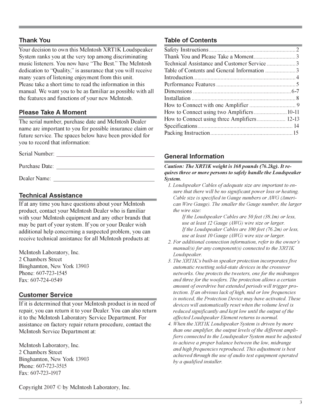 McIntosh XRT1K owner manual Thank You, Please Take a Moment, Technical Assistance, Customer Service, Table of Contents 