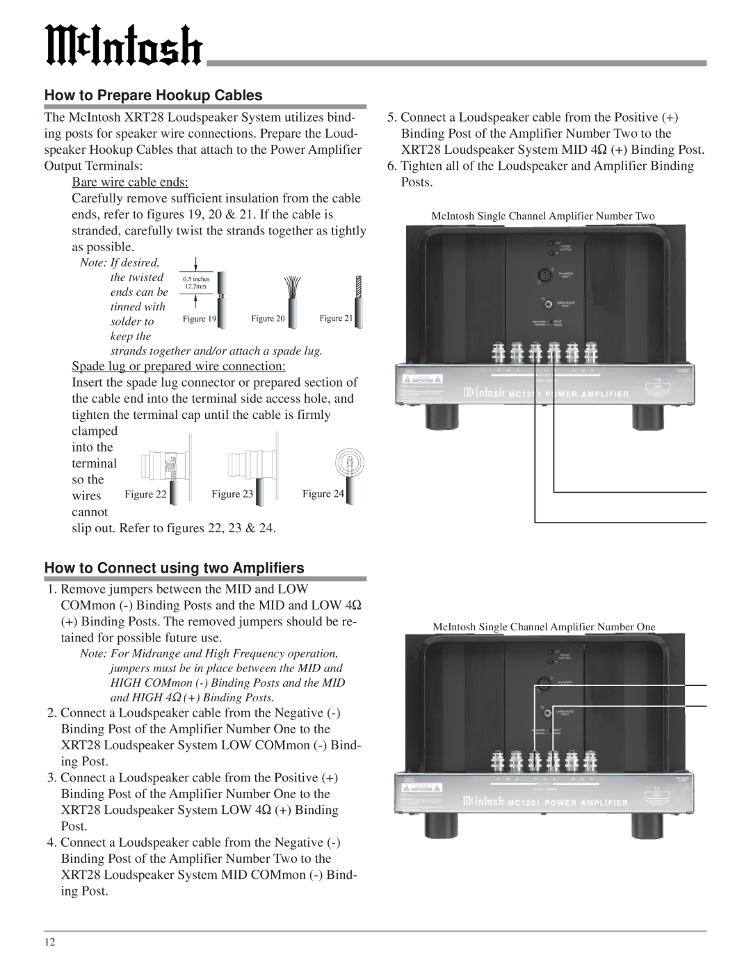 McIntosh XRT28 owner manual How to Connect using two Amplifiers 