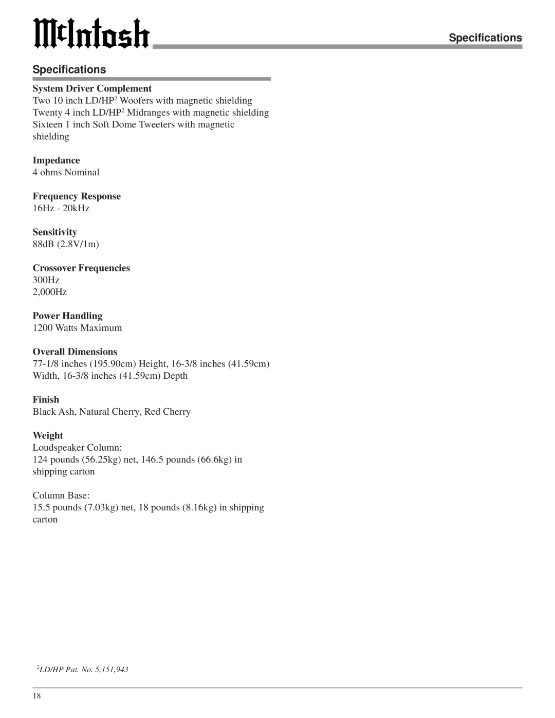 McIntosh XRT28 owner manual Specifications 