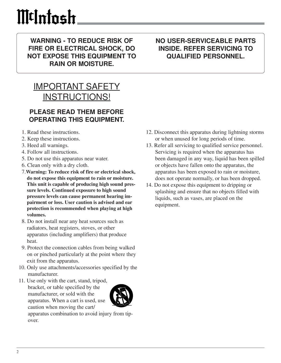 McIntosh XRT28 owner manual Important Safety Instructions 