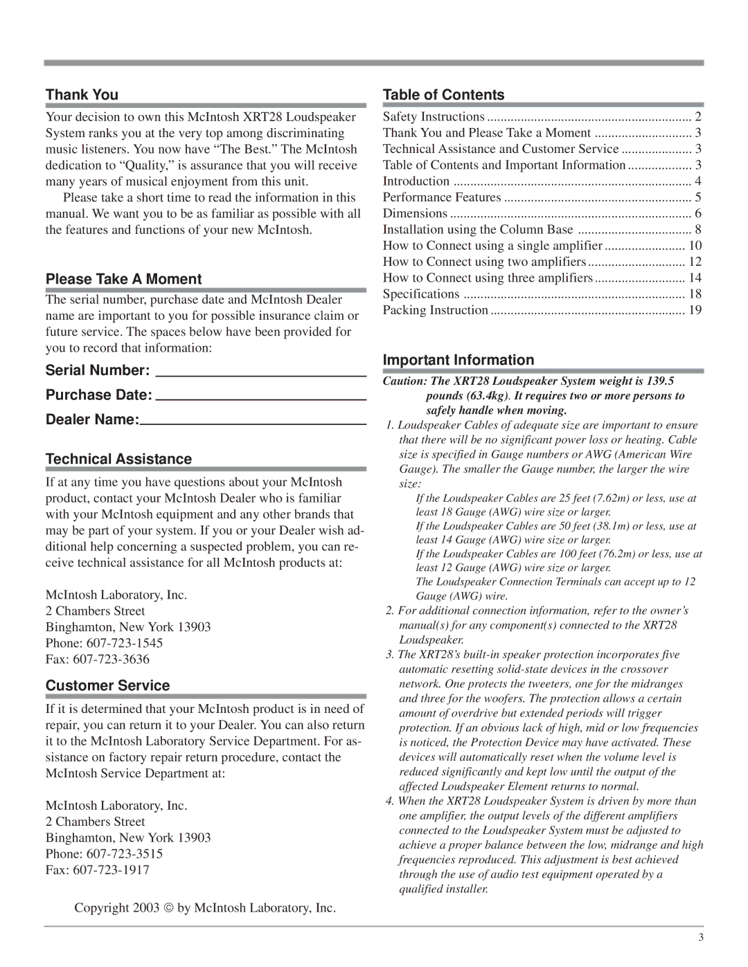 McIntosh XRT28 owner manual Thank You, Please Take a Moment, Customer Service, Table of Contents, Important Information 