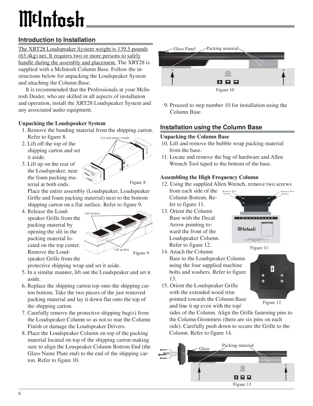 McIntosh XRT28 Introduction to Installation, Installation using the Column Base, Unpacking the Loudspeaker System 