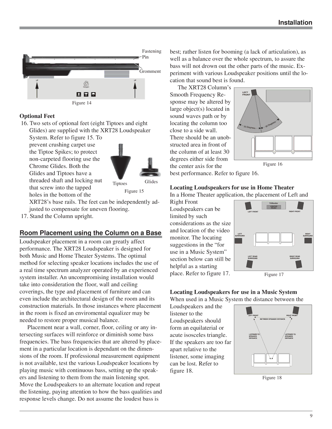 McIntosh XRT28 owner manual Installation, Room Placement using the Column on a Base, Optional Feet 