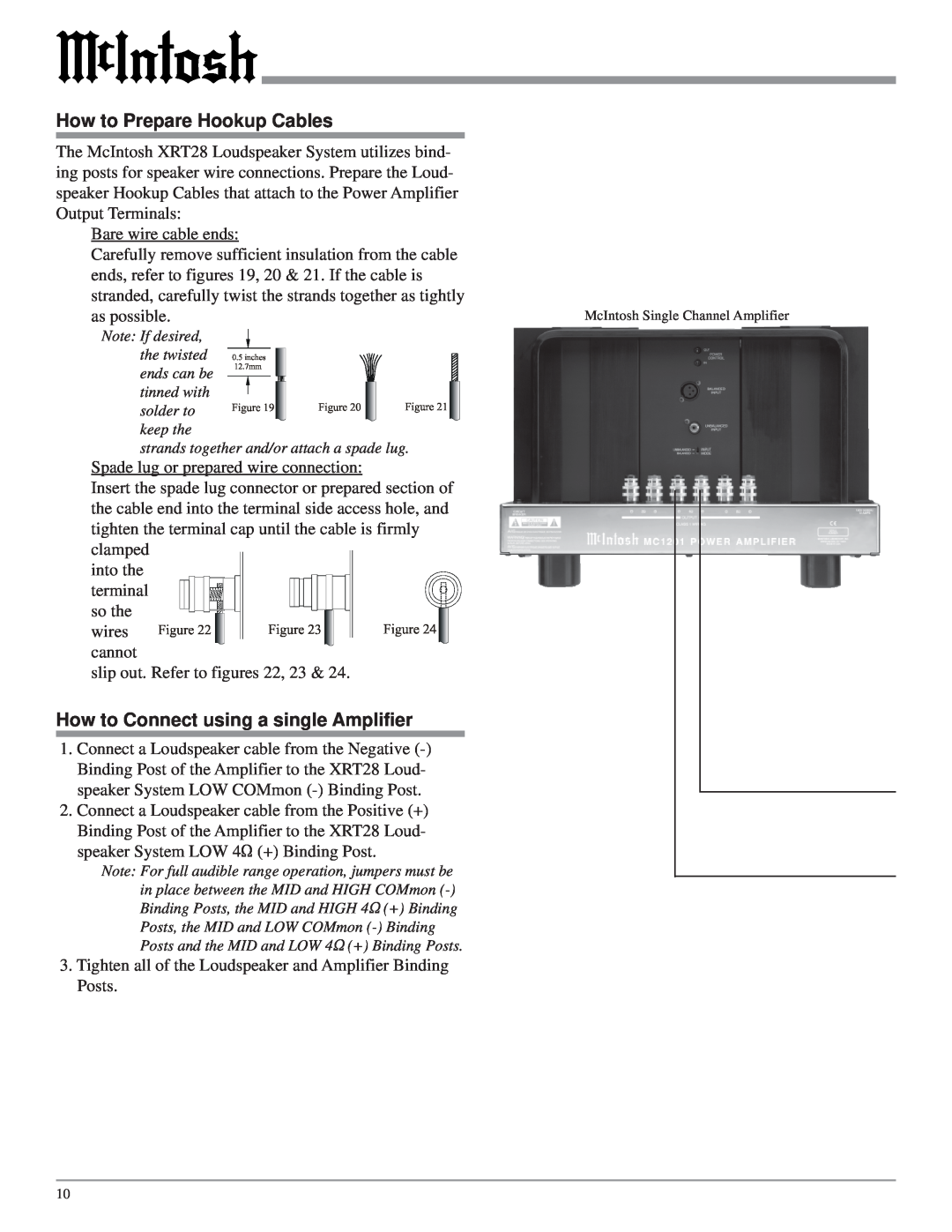 McIntosh XRT28 owner manual How to Prepare Hookup Cables, How to Connect using a single Amplifier 