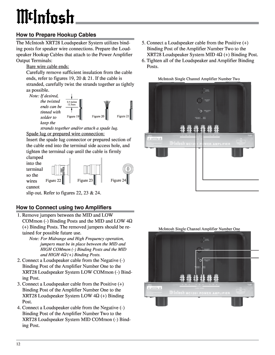 McIntosh XRT28 owner manual How to Connect using two Amplifiers, How to Prepare Hookup Cables 