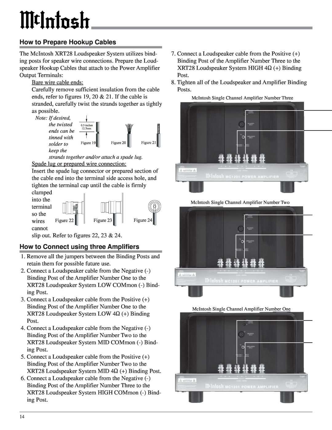 McIntosh XRT28 owner manual How to Connect using three Amplifiers, How to Prepare Hookup Cables 