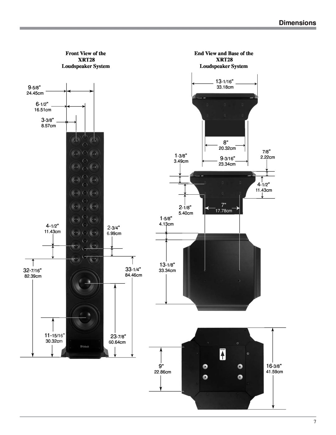 McIntosh XRT28 Dimensions, Front View of the, End View and Base of the, Loudspeaker System, 4-1/2, 32-7/16, 17.78cm 