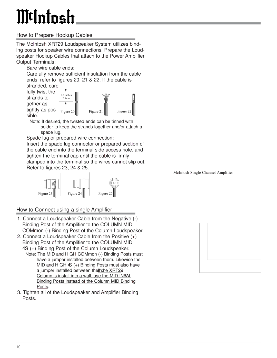 McIntosh XRT29 owner manual How to Prepare Hookup Cables, How to Connect using a single Amplifier 