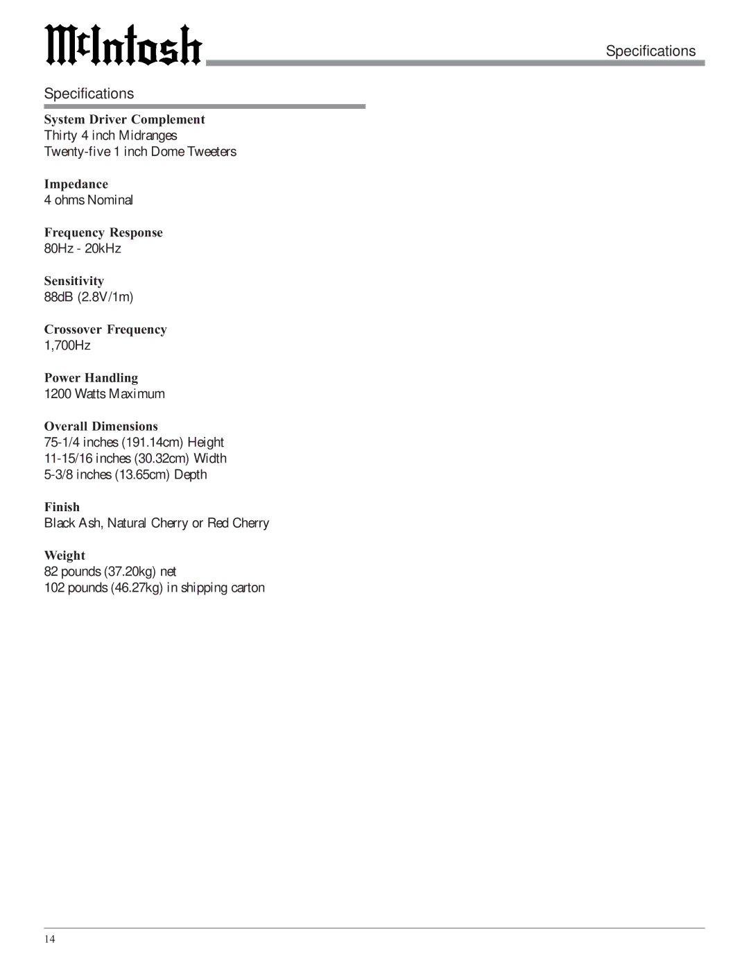 McIntosh XRT29 owner manual Specifications 