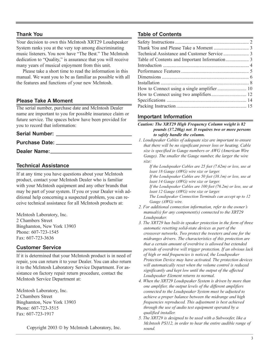 McIntosh XRT29 owner manual Thank You, Please Take a Moment, Customer Service, Table of Contents, Important Information 