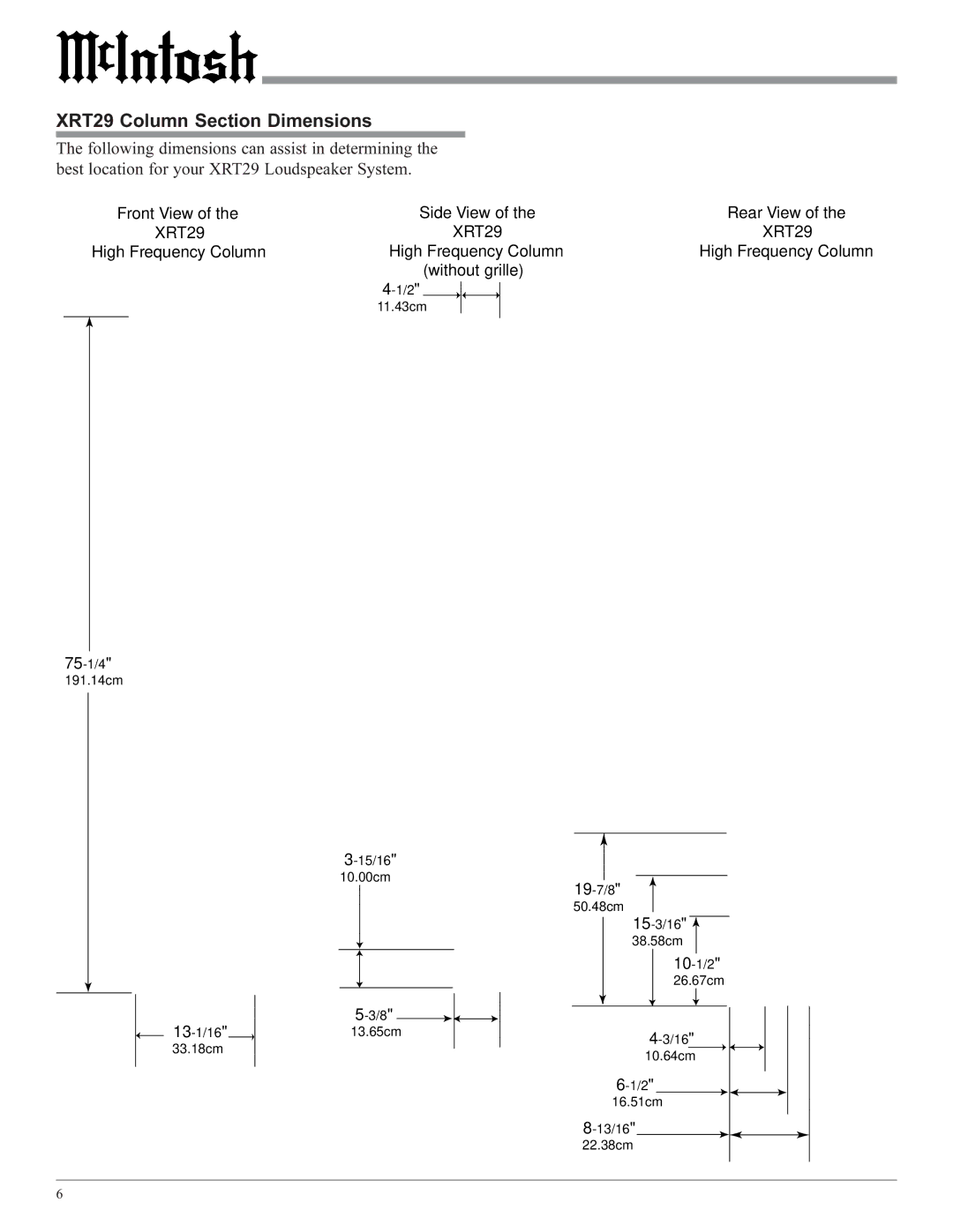McIntosh owner manual XRT29 Column Section Dimensions, High Frequency Column Without grille 