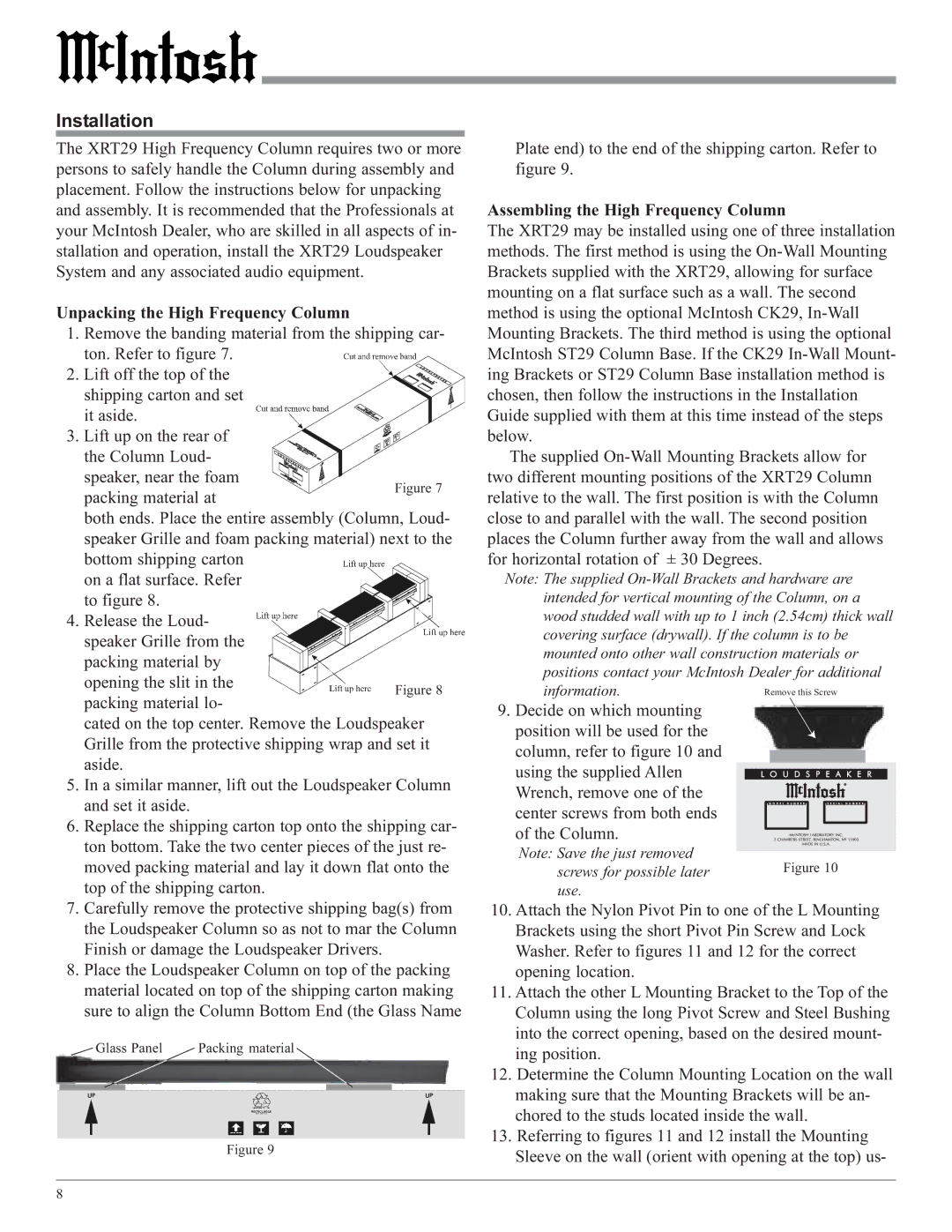 McIntosh XRT29 owner manual Installation 