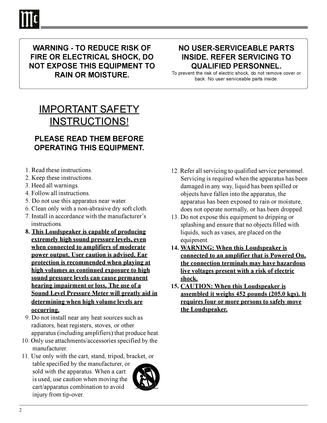 McIntosh XRT2K owner manual Important Safety Instructions 