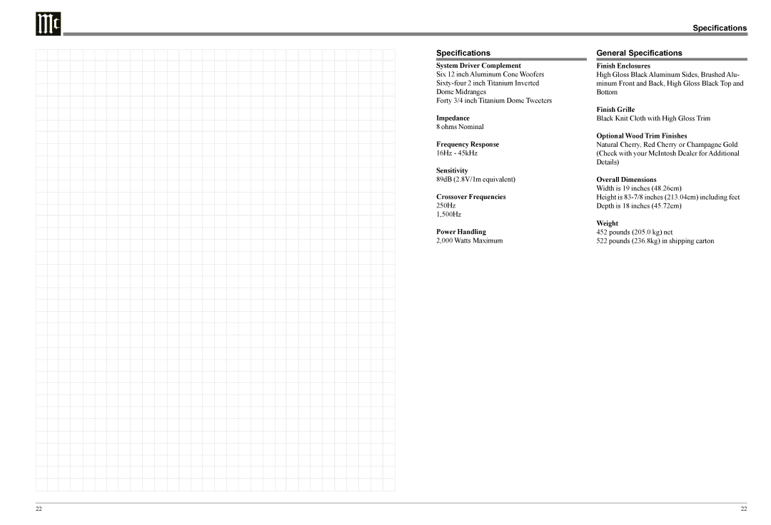 McIntosh XRT2K owner manual Specifications General Specifications 