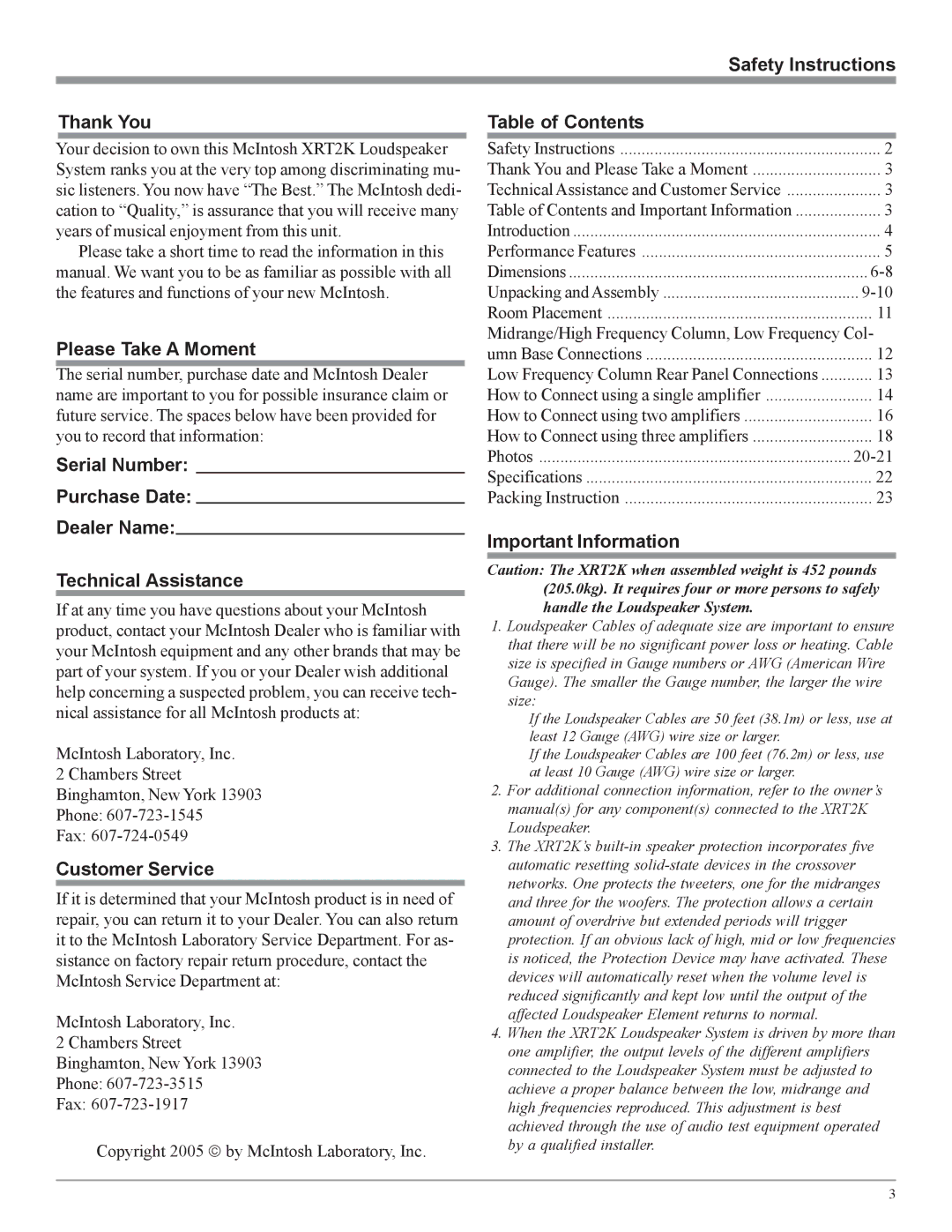 McIntosh XRT2K owner manual Safety Instructions Thank You, Please Take a Moment, Customer Service, Table of Contents 