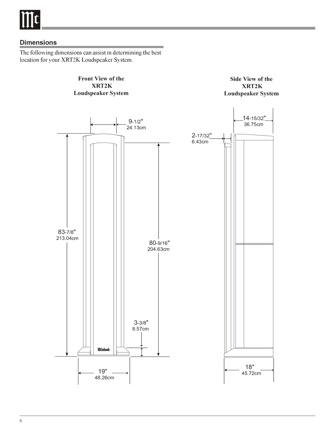 McIntosh XRT2K owner manual Dimensions, Front View, Loudspeaker System Side View 