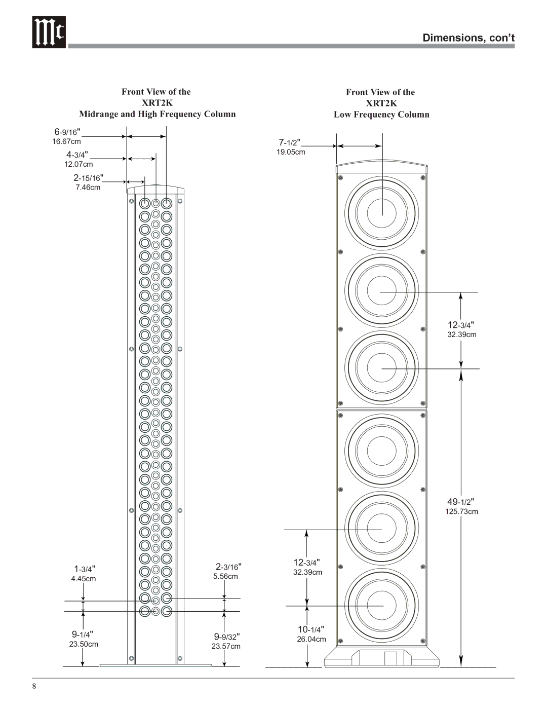 McIntosh XRT2K owner manual Dimensions, con’t 