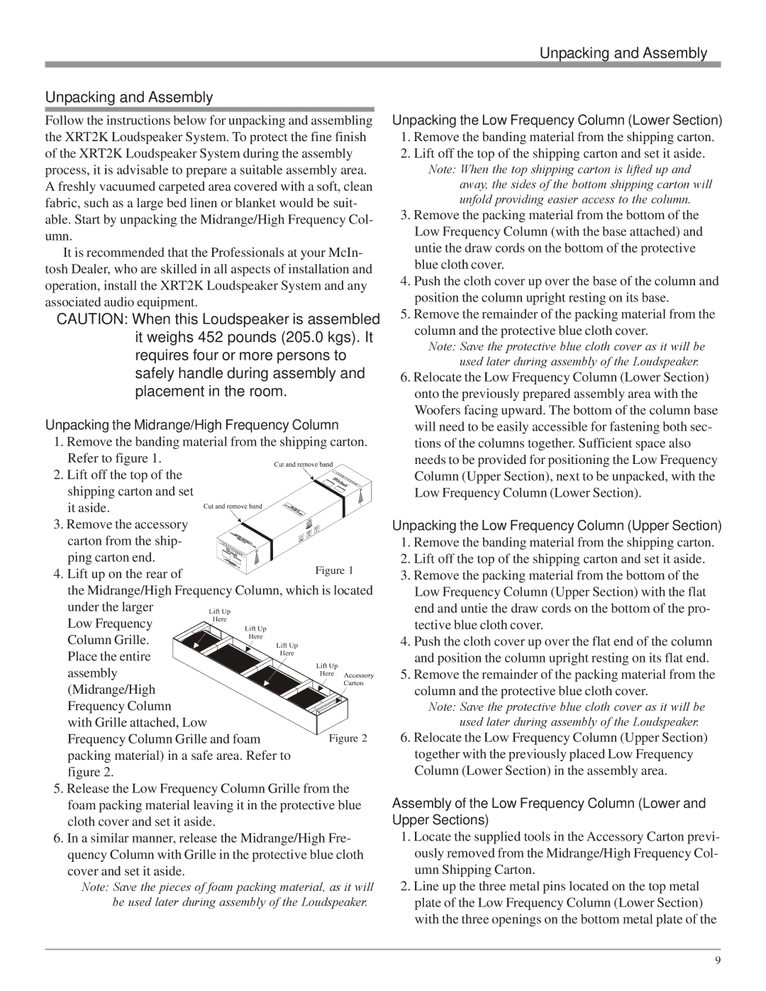 McIntosh XRT2K owner manual Unpacking and Assembly, Unpacking the Midrange/High Frequency Column 