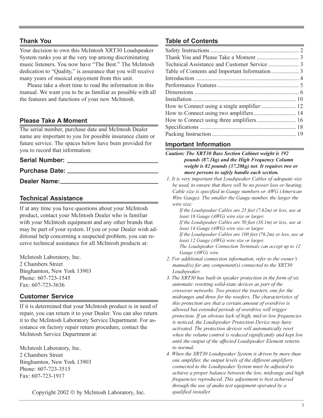 McIntosh XRT30 owner manual Thank You, Please Take a Moment, Customer Service, Table of Contents, Important Information 