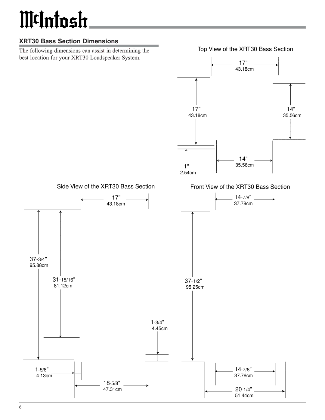 McIntosh owner manual XRT30 Bass Section Dimensions 