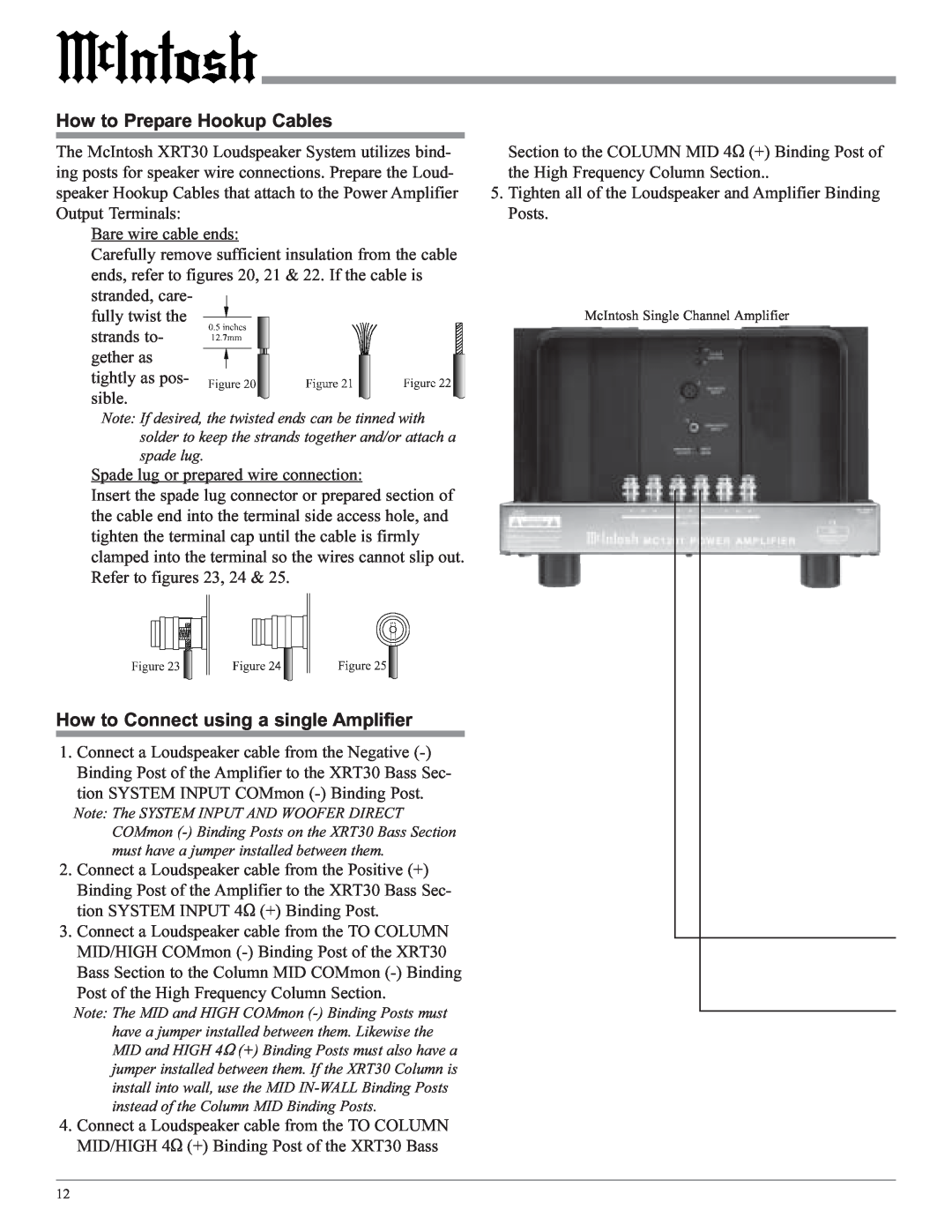 McIntosh XRT30 owner manual How to Prepare Hookup Cables, How to Connect using a single Amplifier 