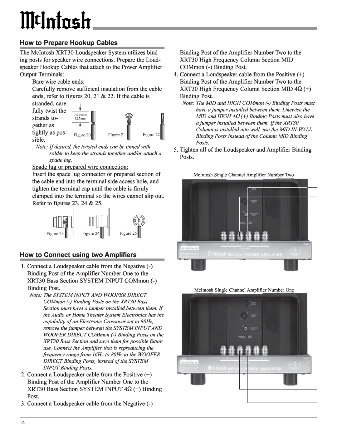 McIntosh XRT30 owner manual How to Connect using two Amplifiers, How to Prepare Hookup Cables 