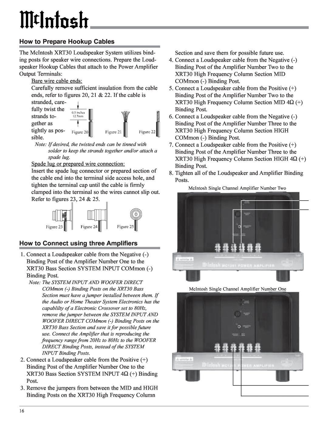 McIntosh XRT30 owner manual How to Connect using three Amplifiers, How to Prepare Hookup Cables 