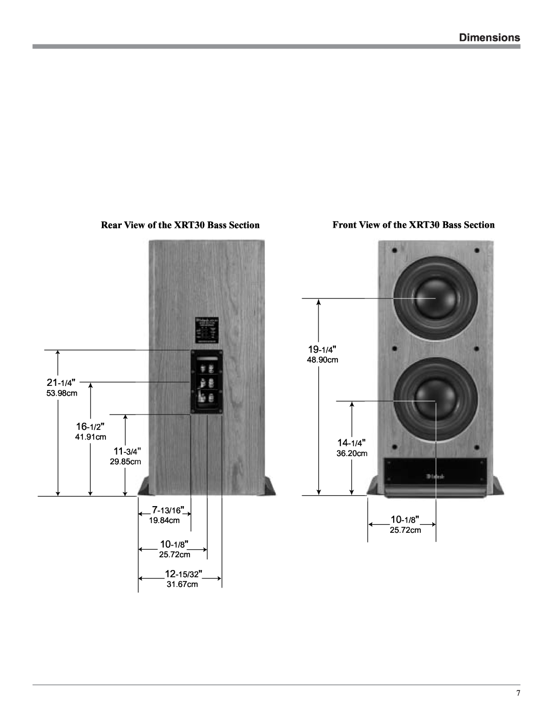 McIntosh owner manual Dimensions, Rear View of the XRT30 Bass Section, Front View of the XRT30 Bass Section 