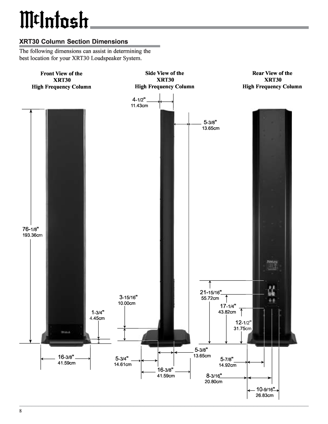 McIntosh owner manual XRT30 Column Section Dimensions, Front View of the XRT30 High Frequency Column, 76-1/8, 16-3/8 