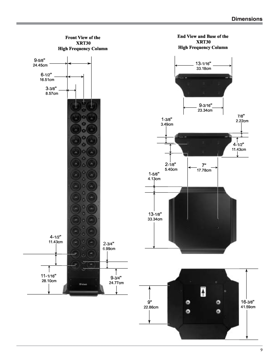 McIntosh Dimensions, Front View of the XRT30 High Frequency Column, End View and Base of the XRT30, 4-1/2, 11-1/16 