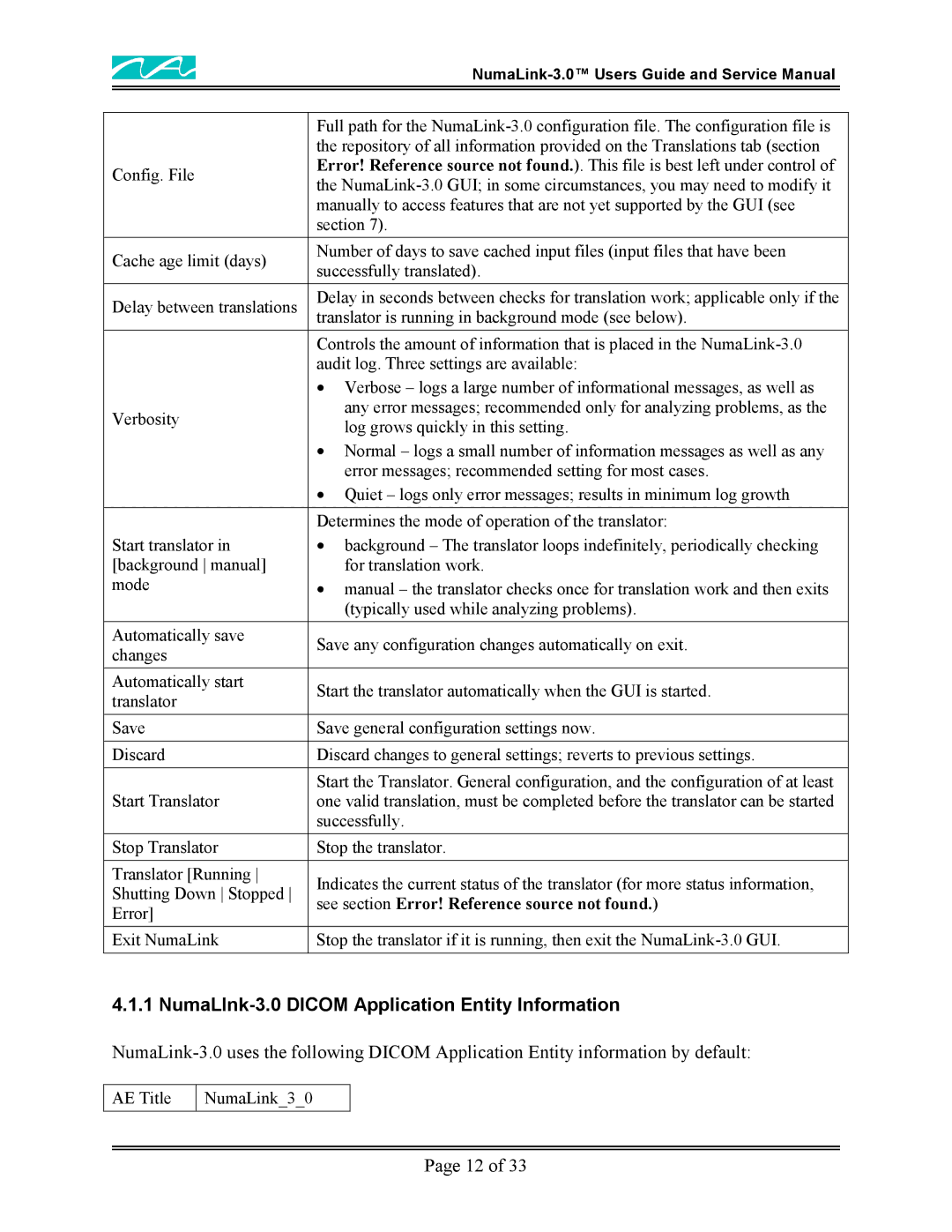 Me Inc NumaLink-3.0 manual NumaLInk-3.0 Dicom Application Entity Information 