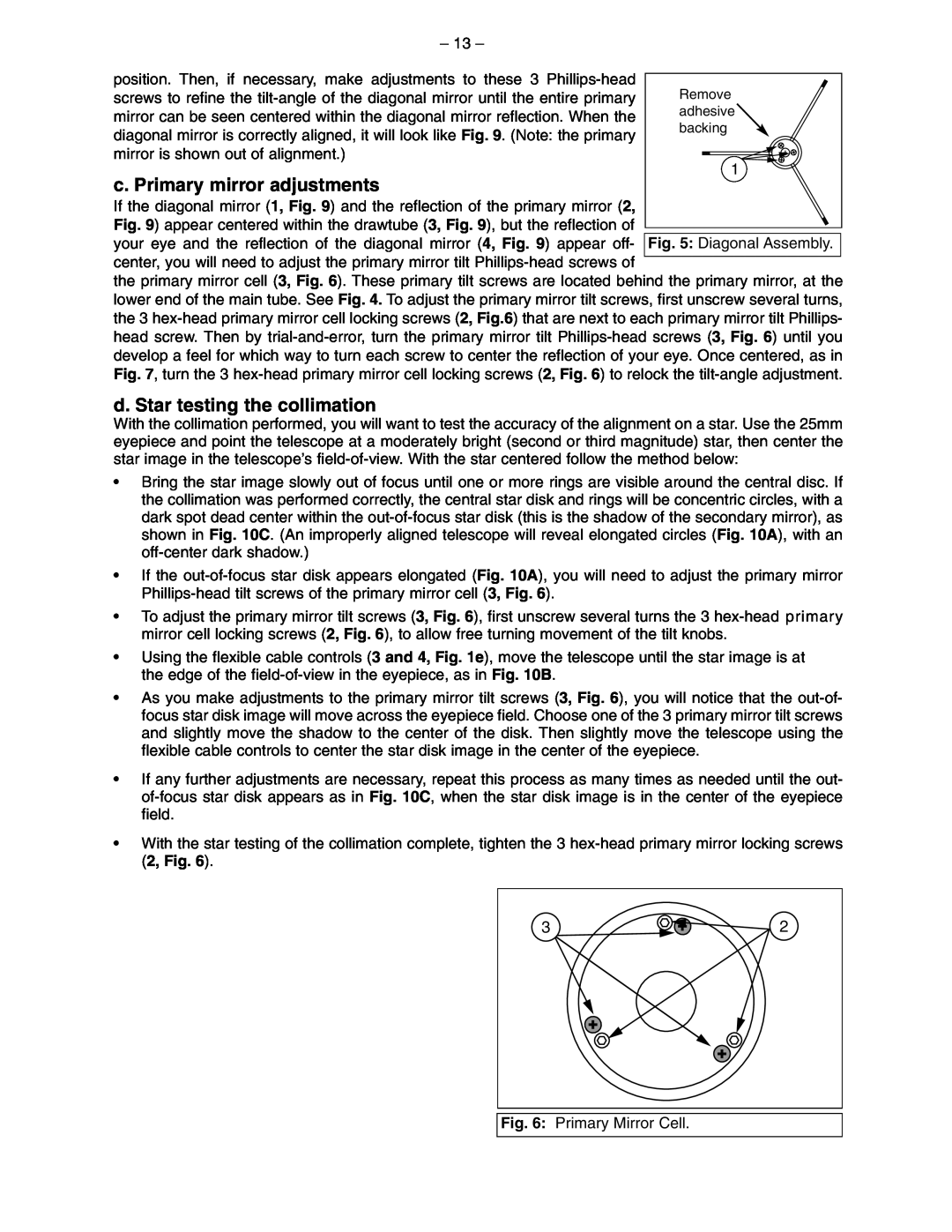 Meade 114 EQ-ASB instruction manual c. Primary mirror adjustments, d. Star testing the collimation 