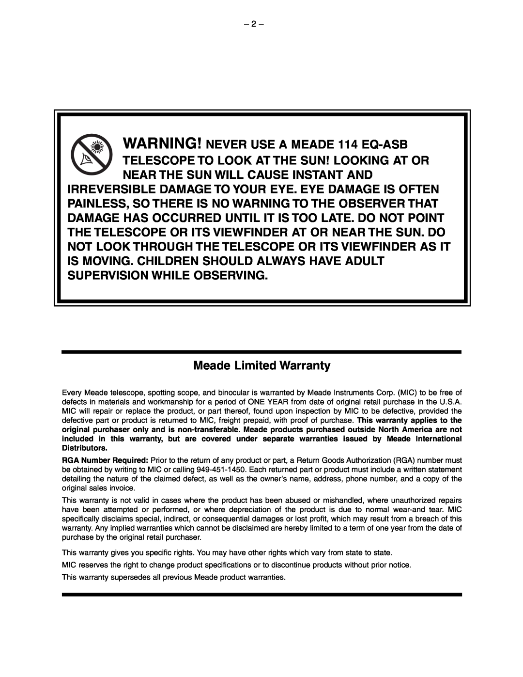 Meade instruction manual WARNING! NEVER USE A MEADE 114 EQ-ASB, Meade Limited Warranty 