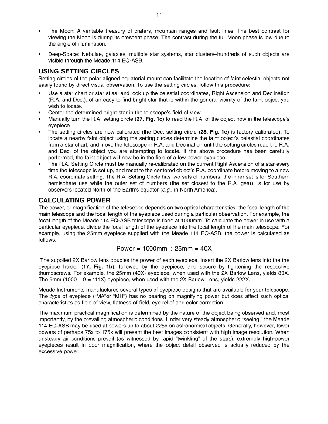 Meade 114 EQ-ASB instruction manual Using Setting Circles, Calculating Power 