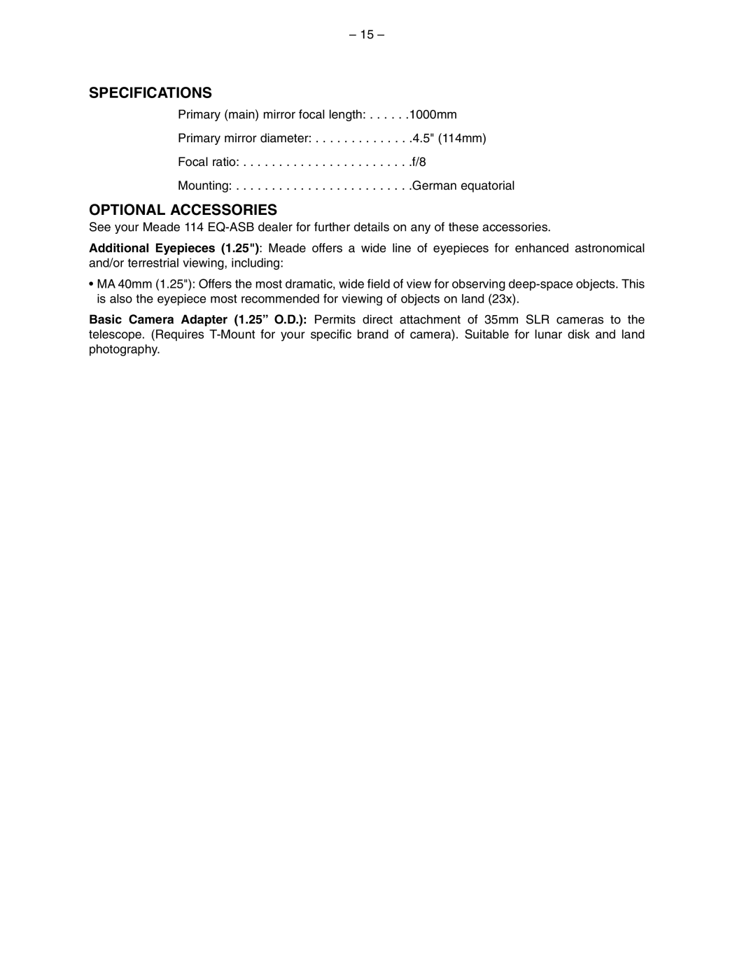 Meade 114 EQ-ASB instruction manual Specifications, Optional Accessories 