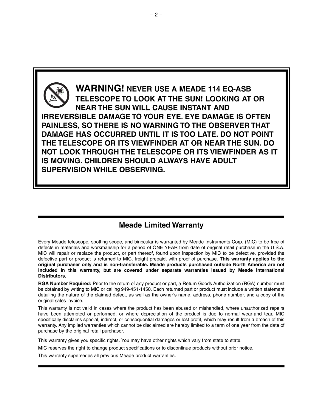 Meade 114 EQ-ASB instruction manual Meade Limited Warranty 